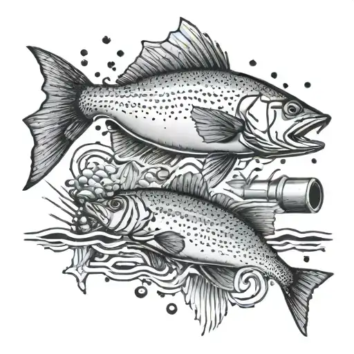 A dynamic scene of a shooting range with bullet casings falling and fish jumping out of the water, reflecting the client's love for shooting and fishing tattoo design idea