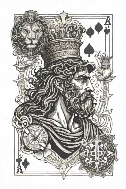 A greek man holding the world with ace of hearts and jack of clubs card symbols, lions head, cross with date underneath tattoo design idea