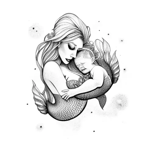 Mermaid mum and mermaid newborn girl tattoo design idea