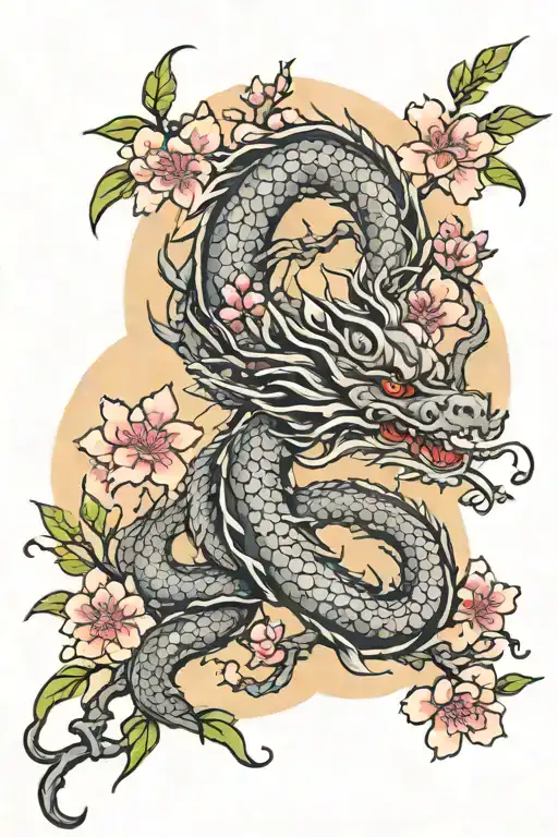 ink style cherry blossom branches with a smokey Chinese dragon wrapped round tattoo design idea