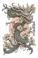 ink style cherry blossom branches with a smokey Chinese dragon wrapped round tattoo design idea