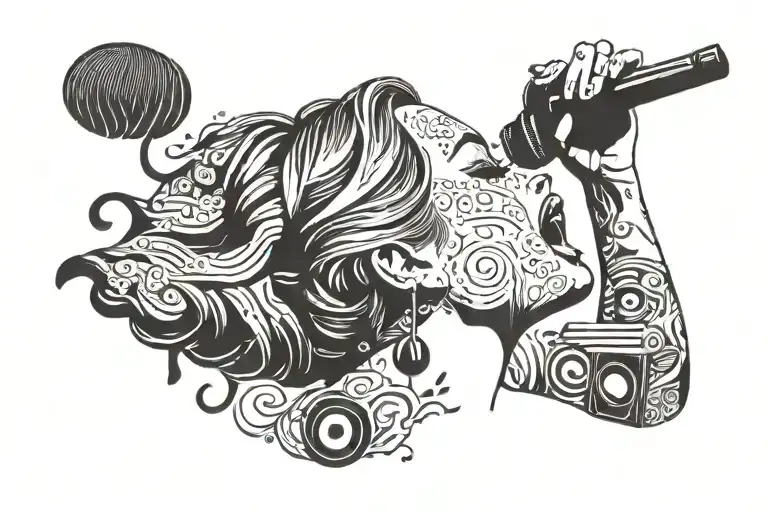 A silhouette of Adele singing with a microphone, surrounded by music notes and lyrics from her songs tattoo design idea