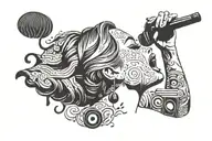 A silhouette of Adele singing with a microphone, surrounded by music notes and lyrics from her songs tattoo design idea