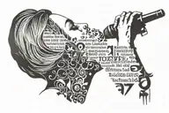 A silhouette of Adele singing with a microphone, surrounded by music notes and lyrics from her songs tattoo design idea