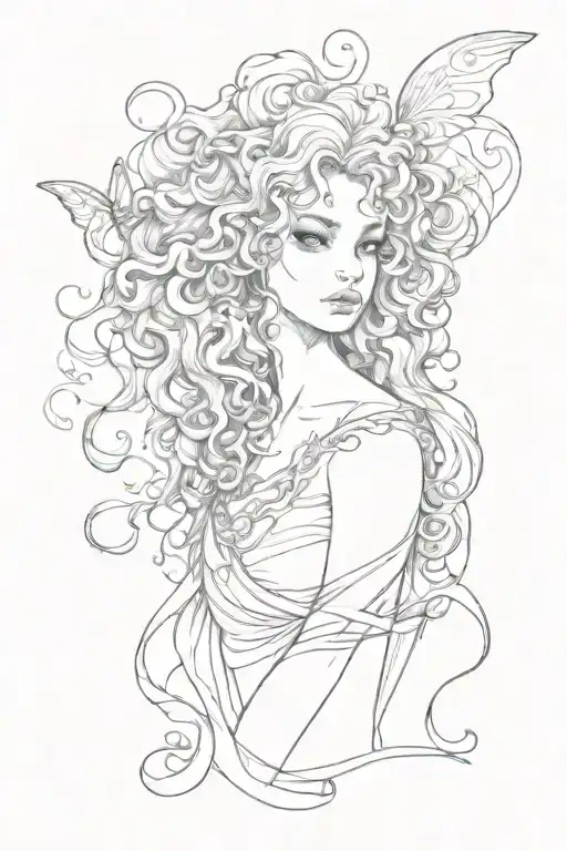 Fairy with curly hair tattoo design idea
