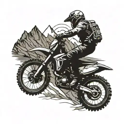 A mountain landscape with a motocross rider navigating through rugged terrain tattoo design idea