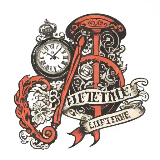The word "LIFETIME"  LIFE in left overelbow in black ink. And TIME in right overelbow in red ink. font TIMES NEW ROMAN tattoo design idea