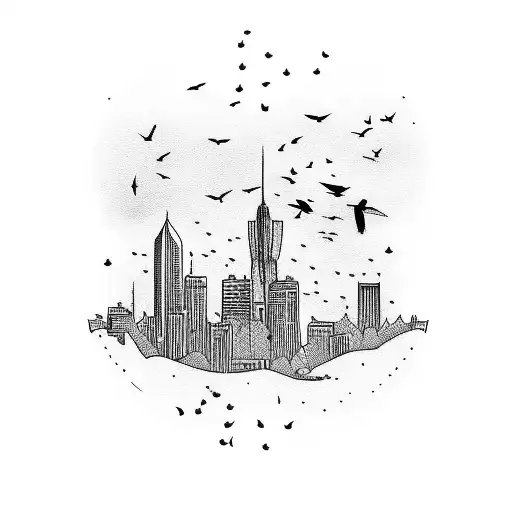 small town skyline with birds tattoo design idea
