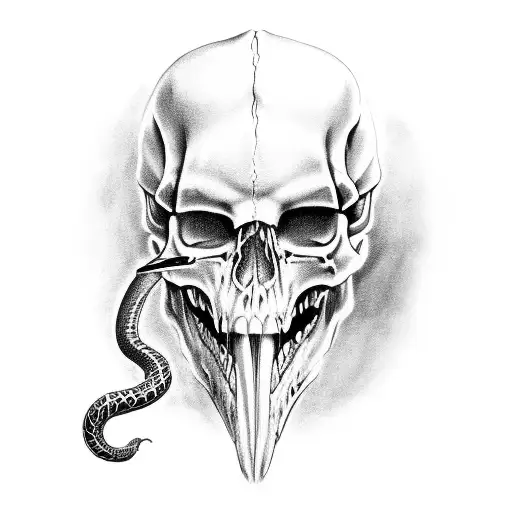 snake coming out of the jaw with a raven of the skull tattoo design idea