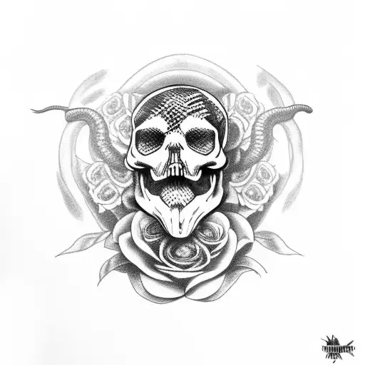 snake coming out of the bottom of a skull surrounded with black roses with a raven on the skull  tattoo design idea