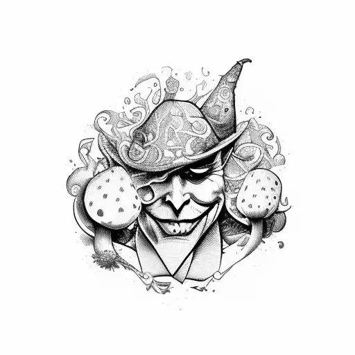 joker, anonymouse, psychodelic, mushrooms tattoo design idea
