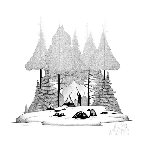 A serene camping scene with a bonfire, surrounded by tall trees and an owl watching from a branch tattoo design idea