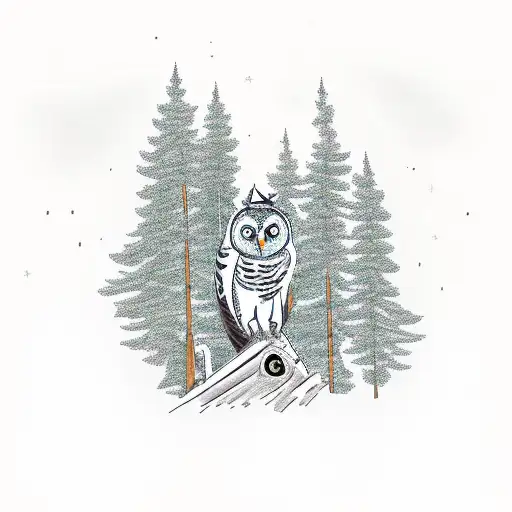 A serene camping scene with a bonfire, surrounded by tall trees and an owl watching from a branch tattoo design idea