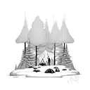A serene camping scene with a bonfire, surrounded by tall trees and an owl watching from a branch tattoo design idea