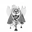 A serene camping scene with a bonfire, surrounded by tall trees and an owl watching from a branch tattoo design idea