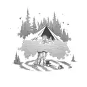 A serene camping scene with a bonfire, surrounded by tall trees and an owl watching from a branch tattoo design idea