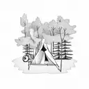 A serene camping scene with a bonfire, surrounded by tall trees and an owl watching from a branch tattoo design idea