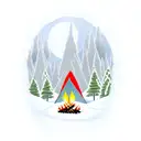 A serene camping scene with a bonfire, surrounded by tall trees and an owl watching from a branch tattoo design idea