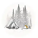 A serene camping scene with a bonfire, surrounded by tall trees and an owl watching from a branch tattoo design idea