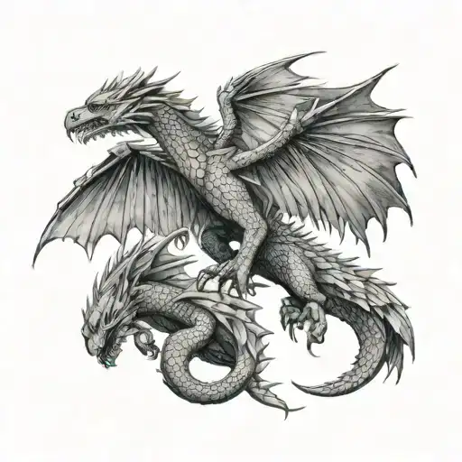 Game of thrones , Three Dragons flying , spreading wings , black and white , pencile drawing , tattoo stencile , minimal tattoo design idea