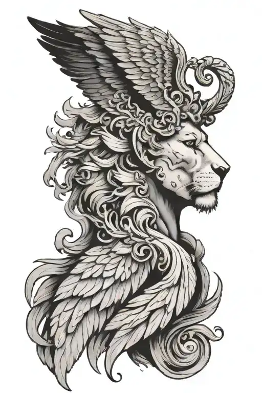 A neck tattoo with angel wings transitioning into a lion’s face at the nape, detailed in black and grey. tattoo design idea