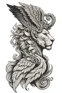 A neck tattoo with angel wings transitioning into a lion’s face at the nape, detailed in black and grey. tattoo design idea