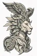 A neck tattoo with angel wings transitioning into a lion’s face at the nape, detailed in black and grey. tattoo design idea