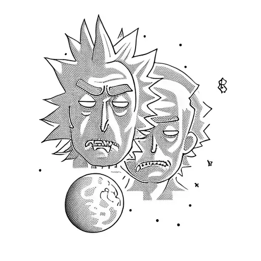 A blackwork tattoo of Rick and Morty exploring a galaxy tattoo design idea