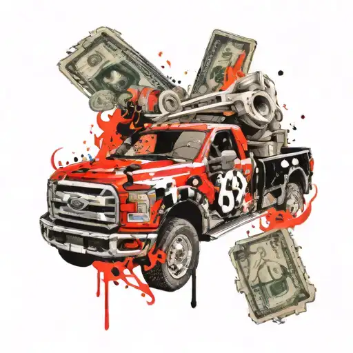 ford truck keys on fire with money and pills tattoo design idea