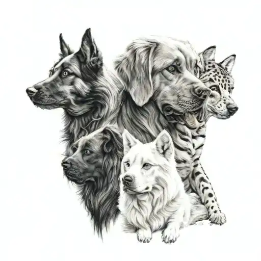 2 big dogs 3 small dogs and one cat tattoo design idea