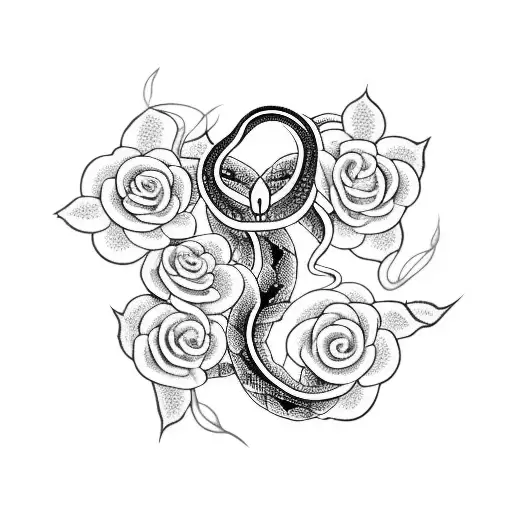 A majestic snake intertwined with a vine of roses and mushrooms tattoo design idea