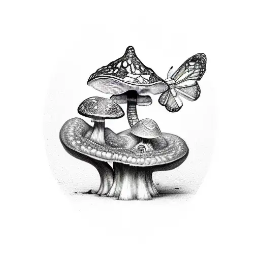 A surreal scene of a butterfly emerging from a mushroom with a snake wrapped around it tattoo design idea