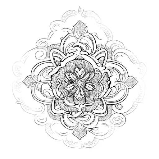 Intricate sak yant tattoo with thai jasmine flower to be placed on the chest.  tattoo design idea