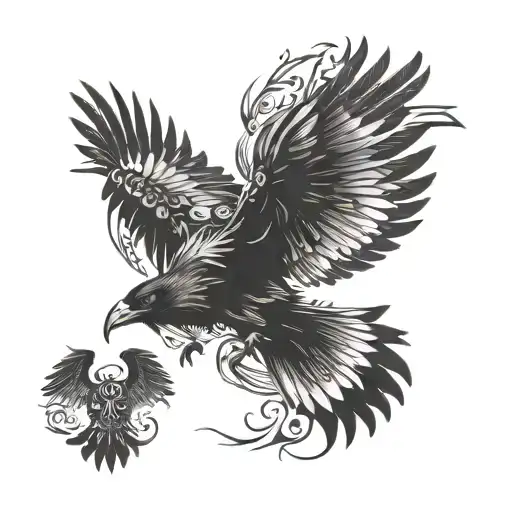 raven with intense white eyes flying towards tattoo design idea