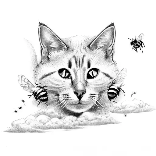 two cats chasing a bee under white clouds tattoo design idea