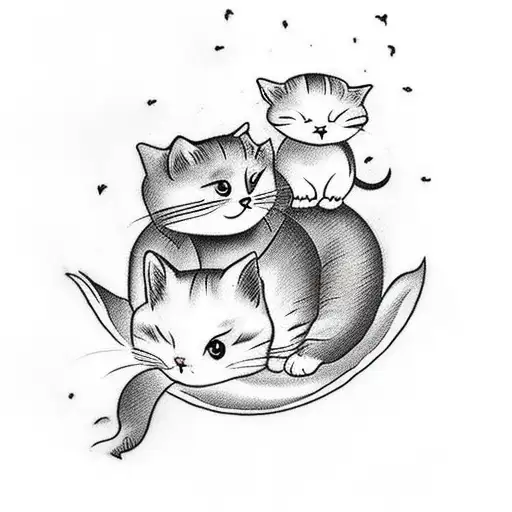 two small cats on a cloud with a cute bee flying around. tattoo design idea