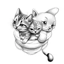 two small cats on a cloud with a cute bee flying around. tattoo design idea