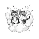 two small cats on a cloud with a cute bee flying around. tattoo design idea