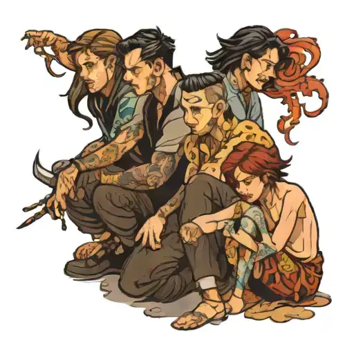 four people crouching  tattoo design idea