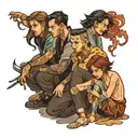 four people crouching  tattoo design idea