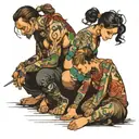 four people crouching  tattoo design idea