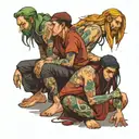 four people crouching  tattoo design idea