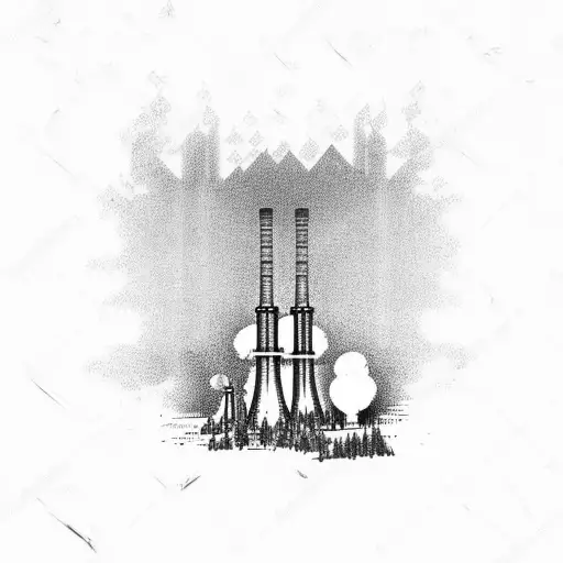 The Chernobyl Nuclear Power Plant towers above the pine forest against the backdrop of a radiation sign. tattoo design idea