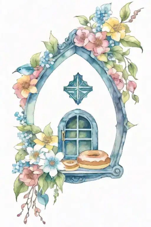 Three flower plates, bonfire, brick mailbox, stained glass window, donut on a hook tattoo design idea