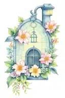 Three flower plates, bonfire, brick mailbox, stained glass window, donut on a hook tattoo design idea