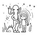 A large alien is holding a child's hand. The alien has a universe instead of a head. The alien looks like the black one  tattoo design idea