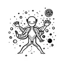 A large alien is holding a child's hand. The alien has a universe instead of a head. The alien looks like the black one  tattoo design idea