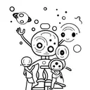 A large alien is holding a child's hand. The alien has a universe instead of a head. The alien looks like the black one  tattoo design idea