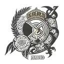 Combine the Real Madrid logo with a spartan helmet, incorporating elements of the tree of life and the map of Guyana tattoo design idea