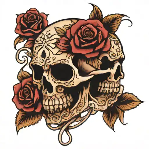 candy skull surrounded by roses intertwined tattoo design idea
